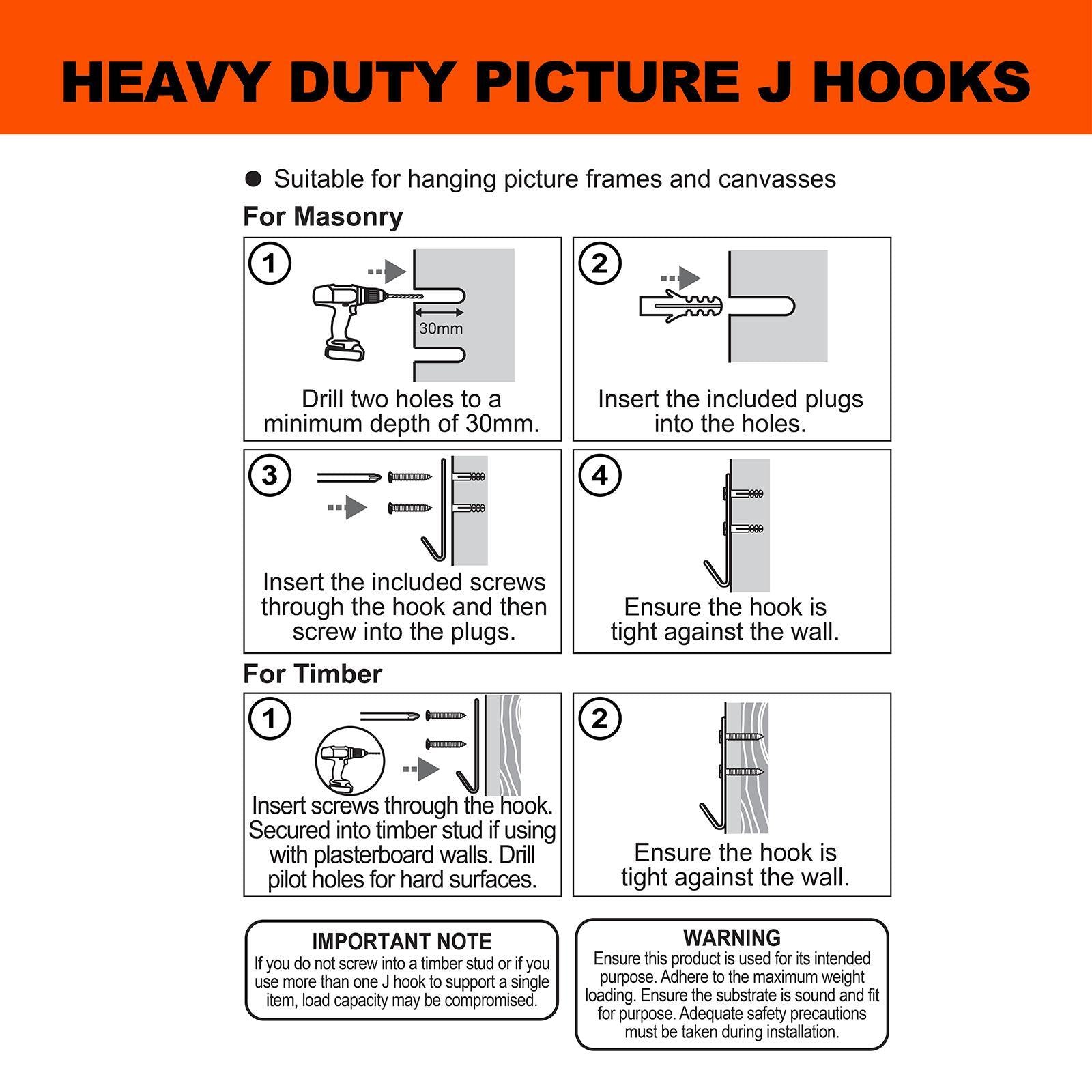 Everhang 45kg Heavy-Duty Picture Hanging J Hook Silver Zinc Plated Steel 4 Pack
