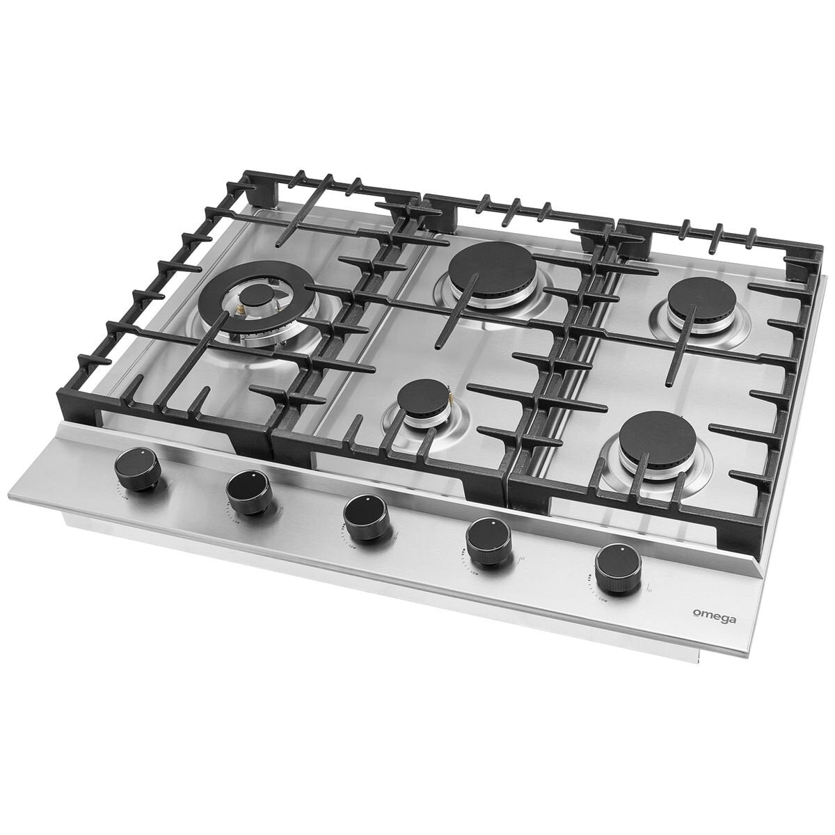Omega 70cm Natural Gas Cooktop - Stainless Steel, Five Burners, 20MJ Triple Ring Wok Burner - OCG705WX