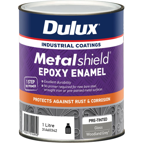 Dulux Metalshield Epoxy Enamel Gloss Paint 1L Woodland Grey - UV & Splatter Resistant Metal Topcoat