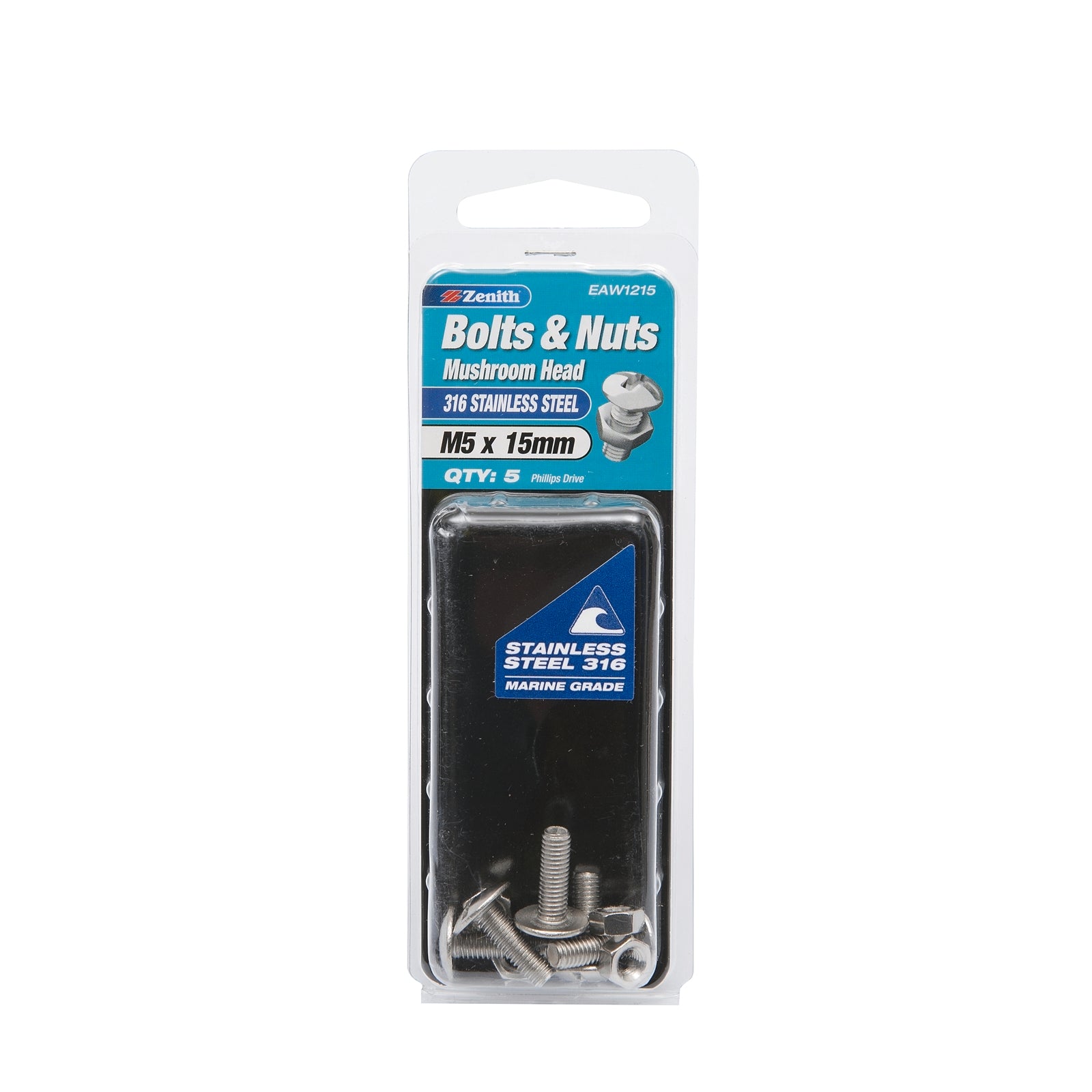Zenith M5 x 15mm 316 Stainless Steel Mushroom Head Bolts and Nuts 5 Pack