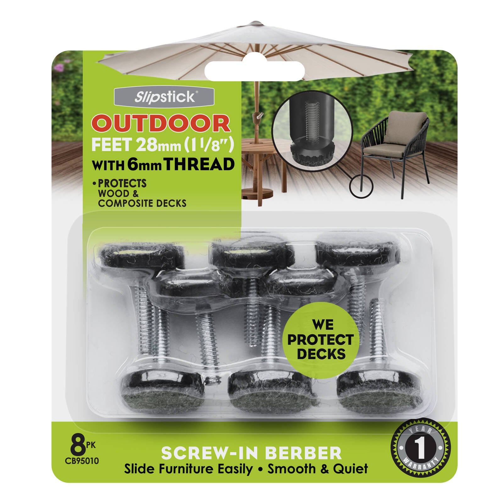 Slipstick M8 28mm Clear Screw-in Outdoor Berber Furniture Floor Protector 8 Pack