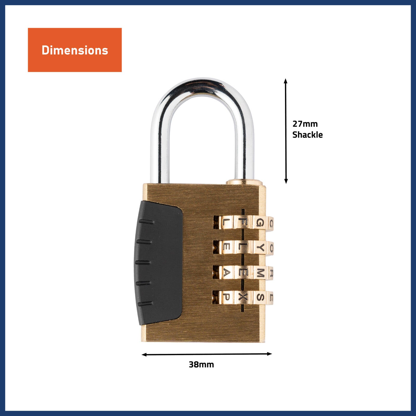 Wordcode 38mm Brass 4 Dial Resettable Combination Padlock