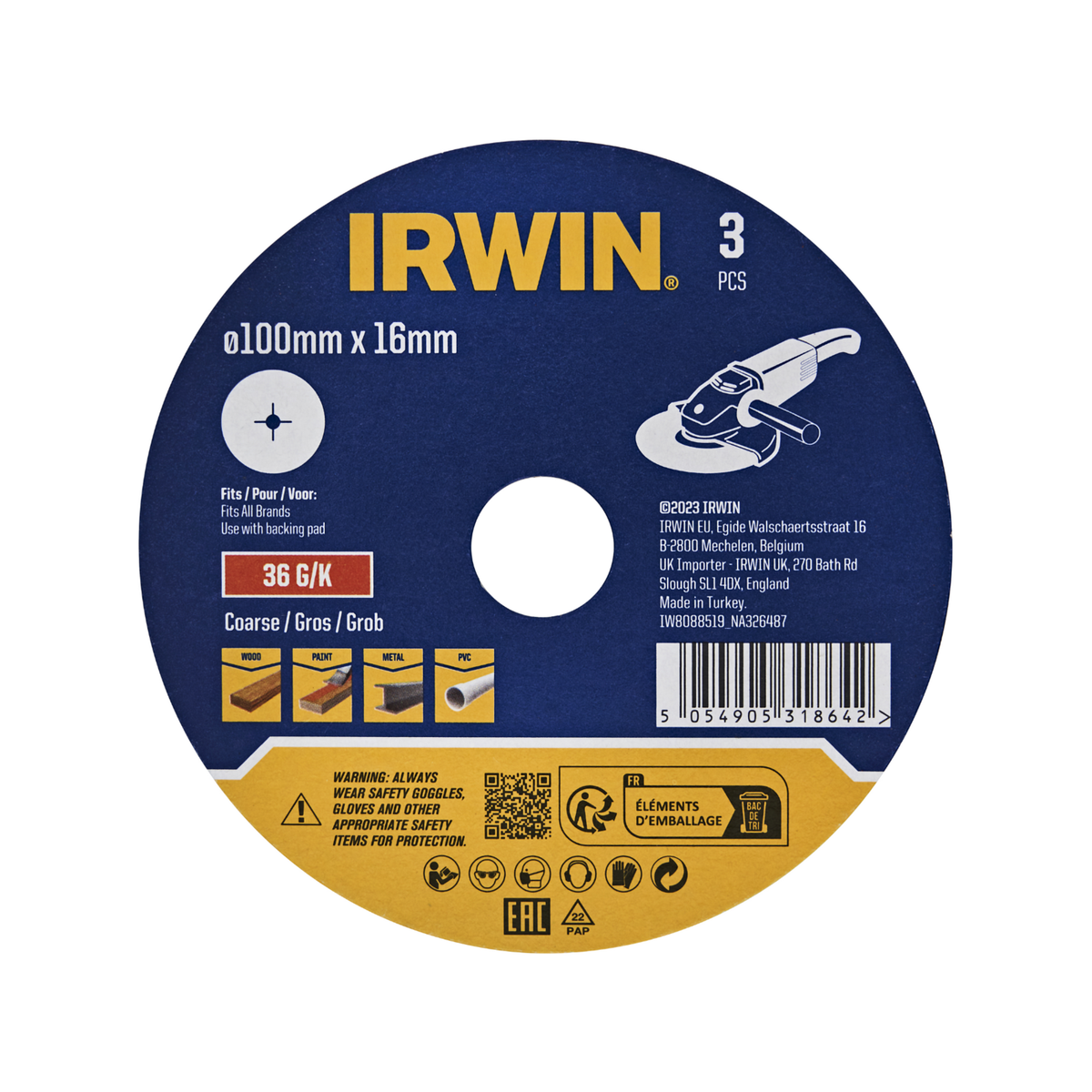 Irwin 100 x 16mm 36 Grit Fibre Disc 3 Pack for Wood & Metal