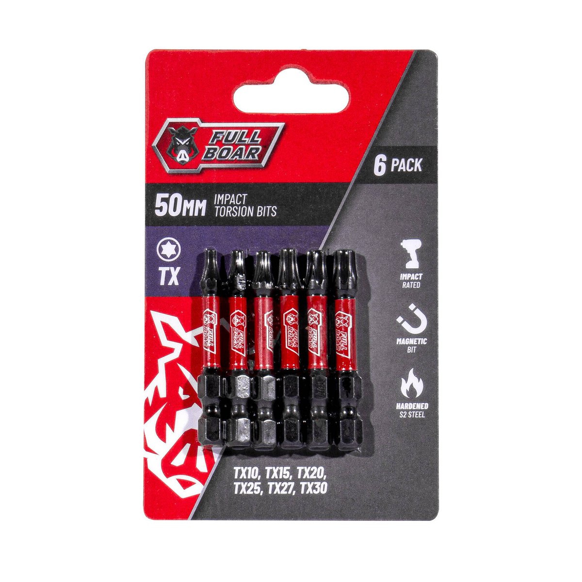 Full Boar TX x 50mm S2 Steel Magnetic Impact Torsion Bits Set 6 Pack