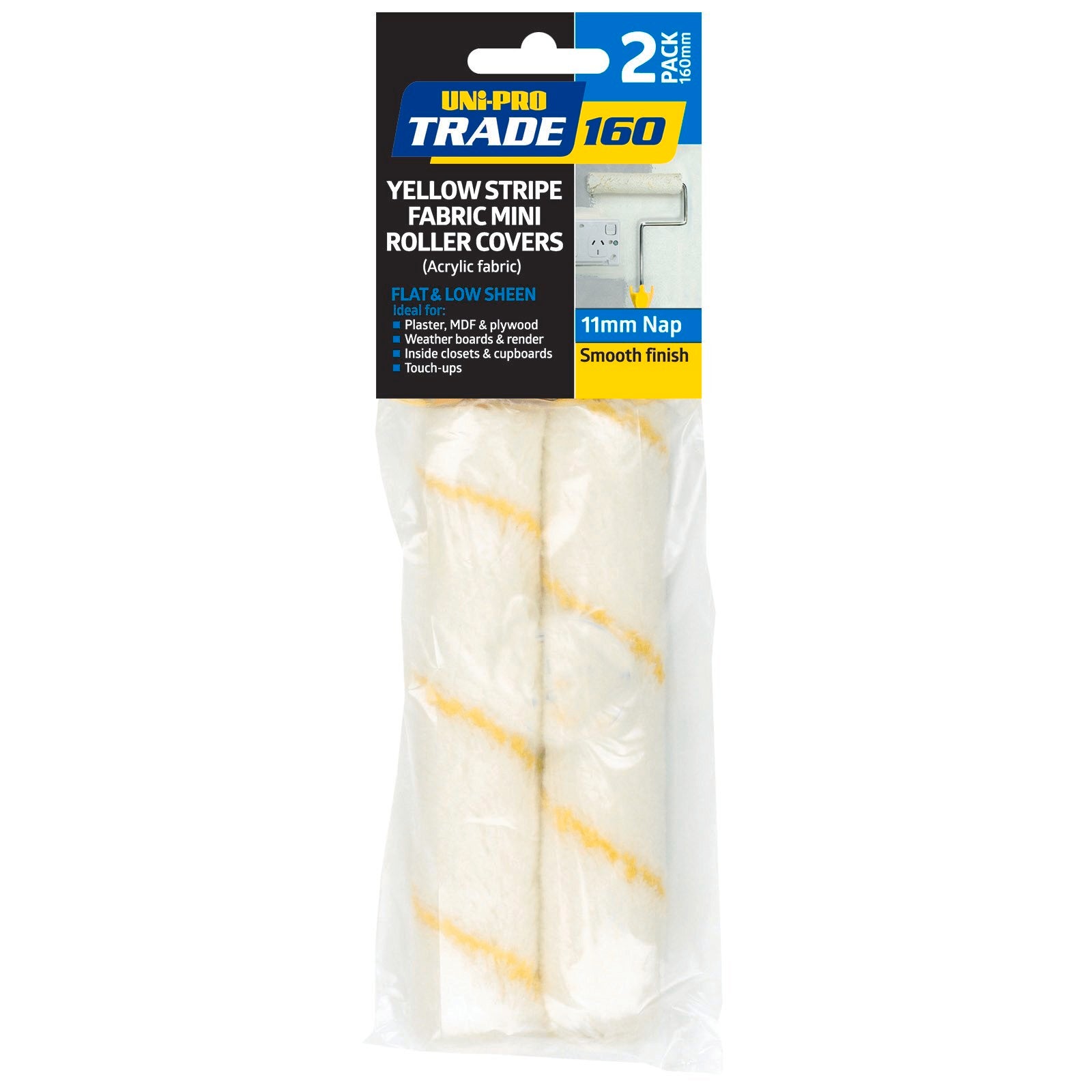UNi-PRO Trade 160mm Yellow Stripe Fabric Roller Cover 11mm Nap 2 Pack