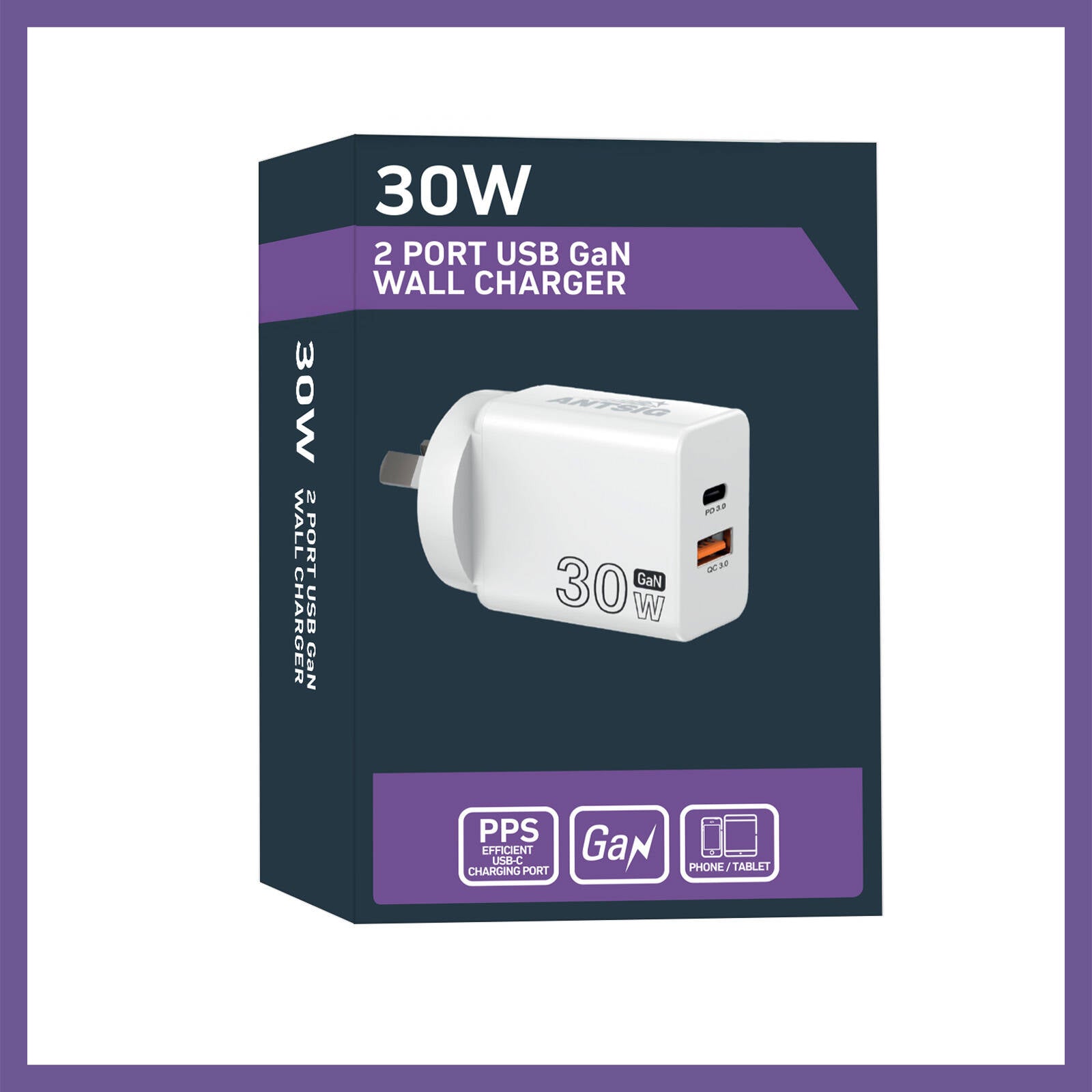 Antsig 30W 2-Port USB GaN Wall Charger - USB-C PD + USB-A QC 3.0 APWC30WAC