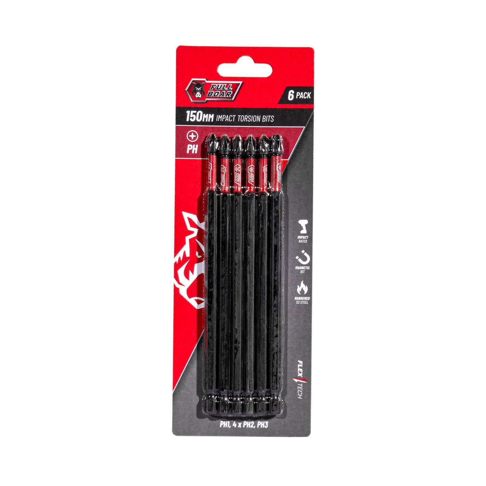 Full Boar PH x 150mm S2 Steel Magnetic Impact Torsion Bits Set 6 Pack