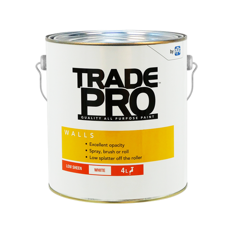 PPG TradePro Interior Walls Paint, 4L White Low Sheen, Tintable Water-Based Washable