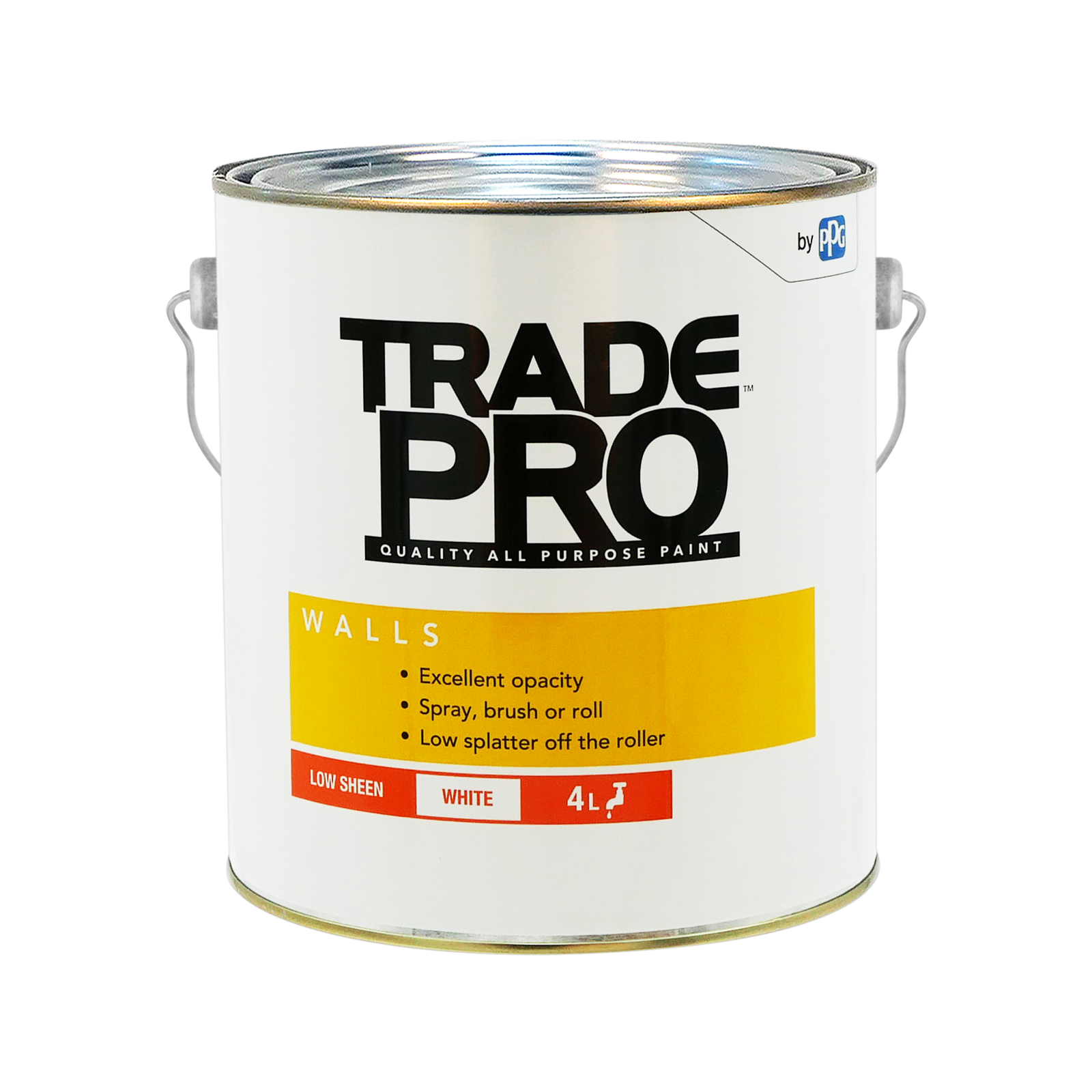 PPG TradePro Interior Walls Paint, 4L White Low Sheen, Tintable Water-Based Washable