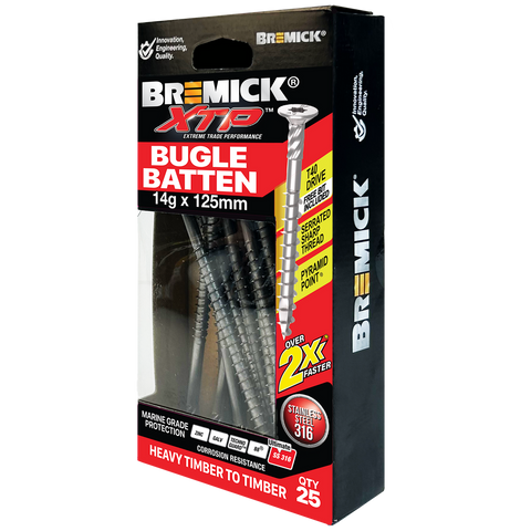 Bremick XTP 14g x 125mm Stainless Steel 316 T40 Bugle Batten Screws Black 25 Pack