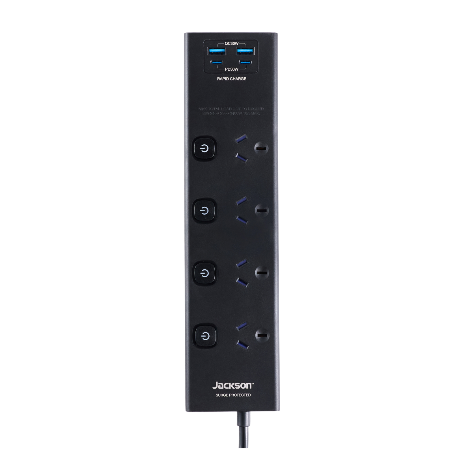 Jackson 4 Outlet Individually Switched Powerboard, USB-A x2 & USB-C PD30W x2, 350J Surge, Black