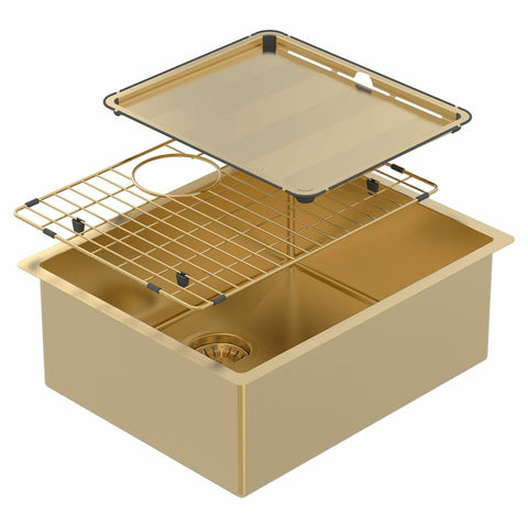 Abey Piazza single bowl sink - Gold and Brass finish - drain tray and grids - CR500G