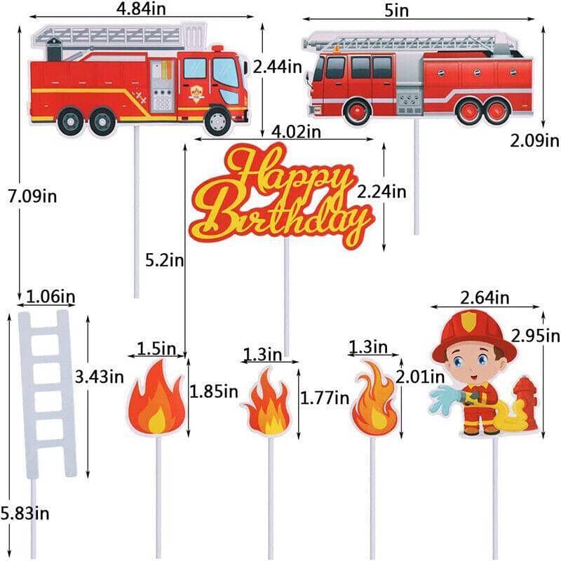 Fireman Cake Topper Set of 8, Fire Truck and Engine Happy Birthday Party Decorations - view 4