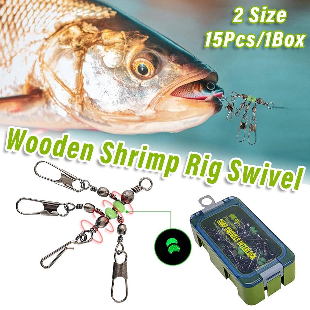 Fishing Snap Swivel Rig with Green Beads and Storage Box, Pack of 15 - 2.8 x 4.3 cm - view 2