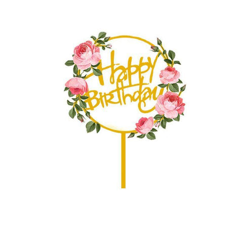 Floral Acrylic Cake Topper - Happy Birthday, Pink Roses on Gold Ring