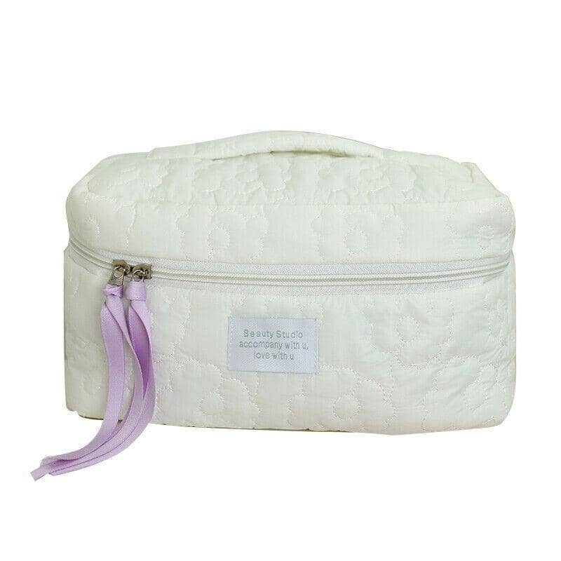 Floral Quilted Makeup Bag Multifunctional Cosmetic Pouch - White, 28 x 15 cm
