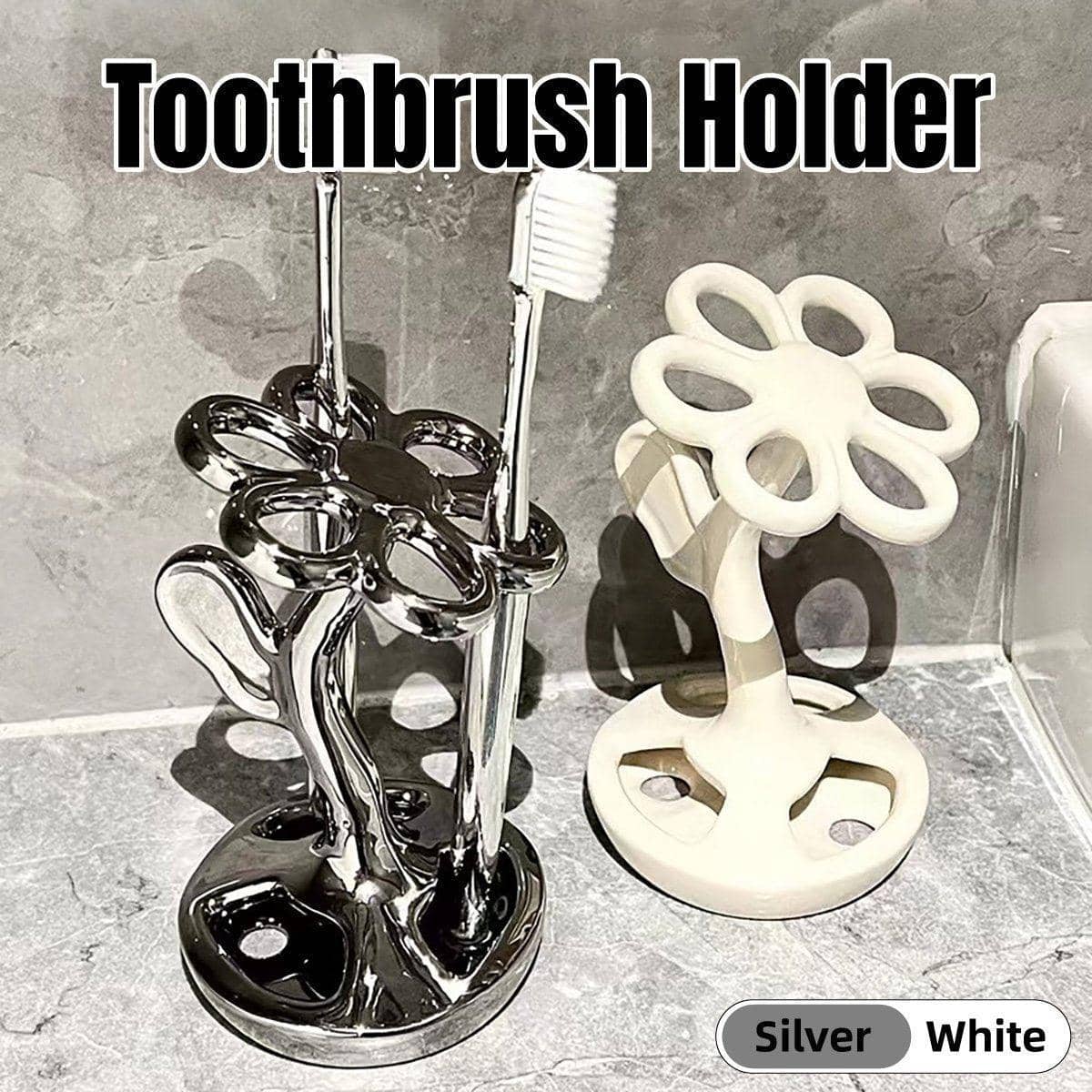 Flower Shaped Ceramic Toothbrush Holder with 6 Slots - Silver - view 2