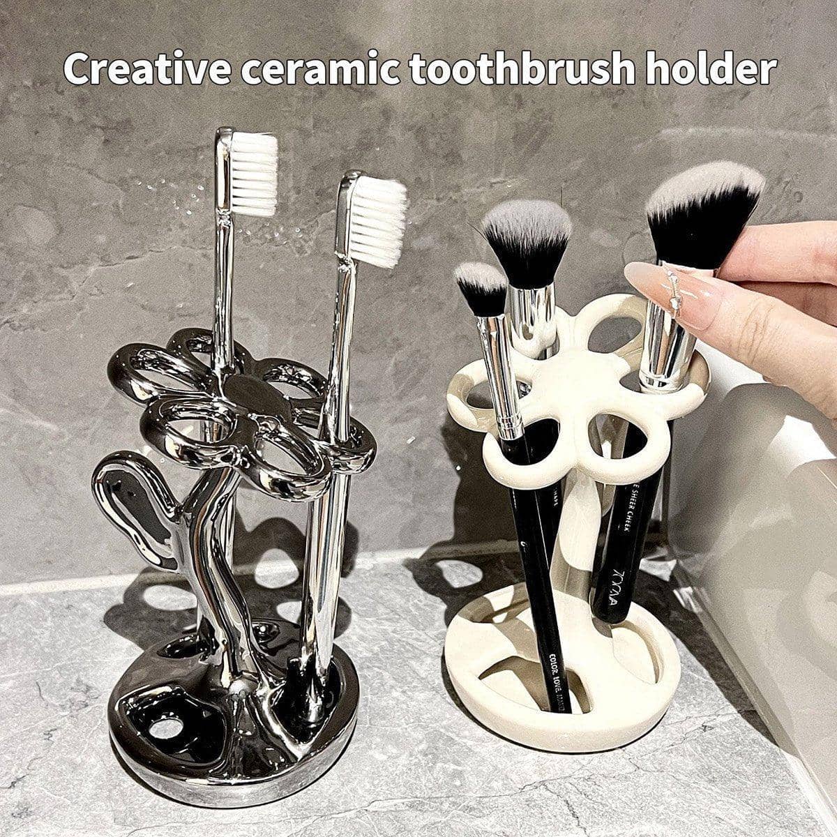 Flower Shaped Ceramic Toothbrush Holder with 6 Slots - White - view 5