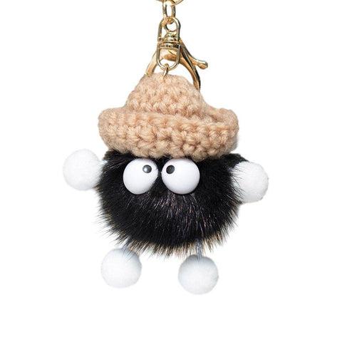 Fluffy Plush Ball Keychain with Knitted Hat - Black