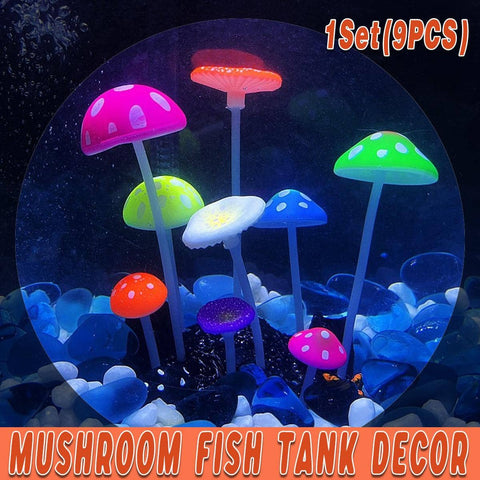 Fluorescent Mushroom Fish Tank Decor Aquarium Ornament Set, 9 Piece