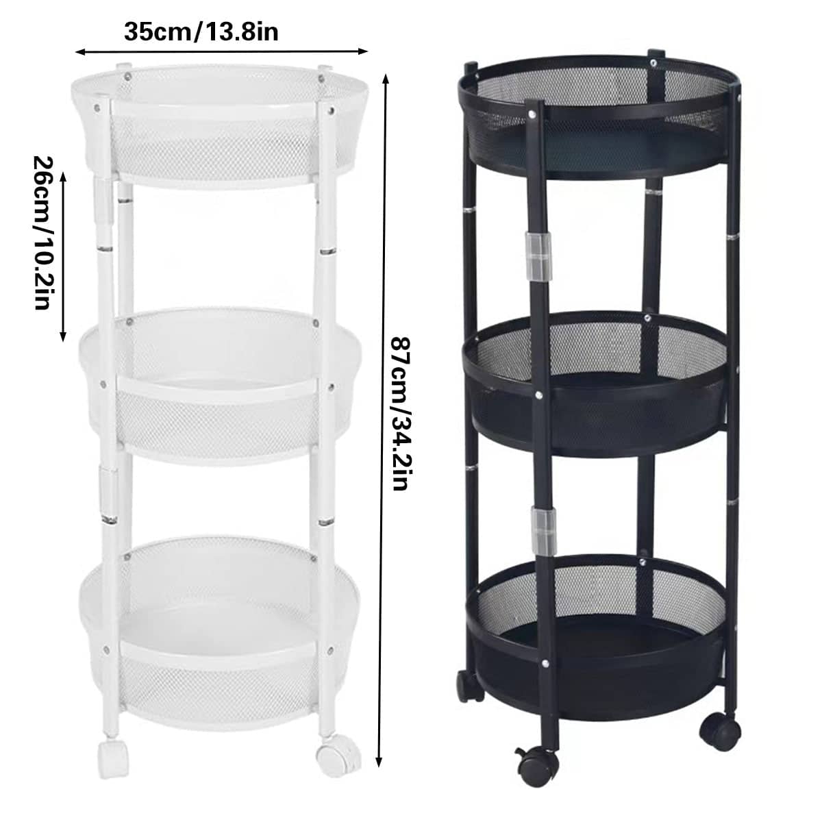Foldable 3 Tier Rolling Storage Cart, Black Carbon Steel Vegetable Basket Trolley with Wheels - view 4