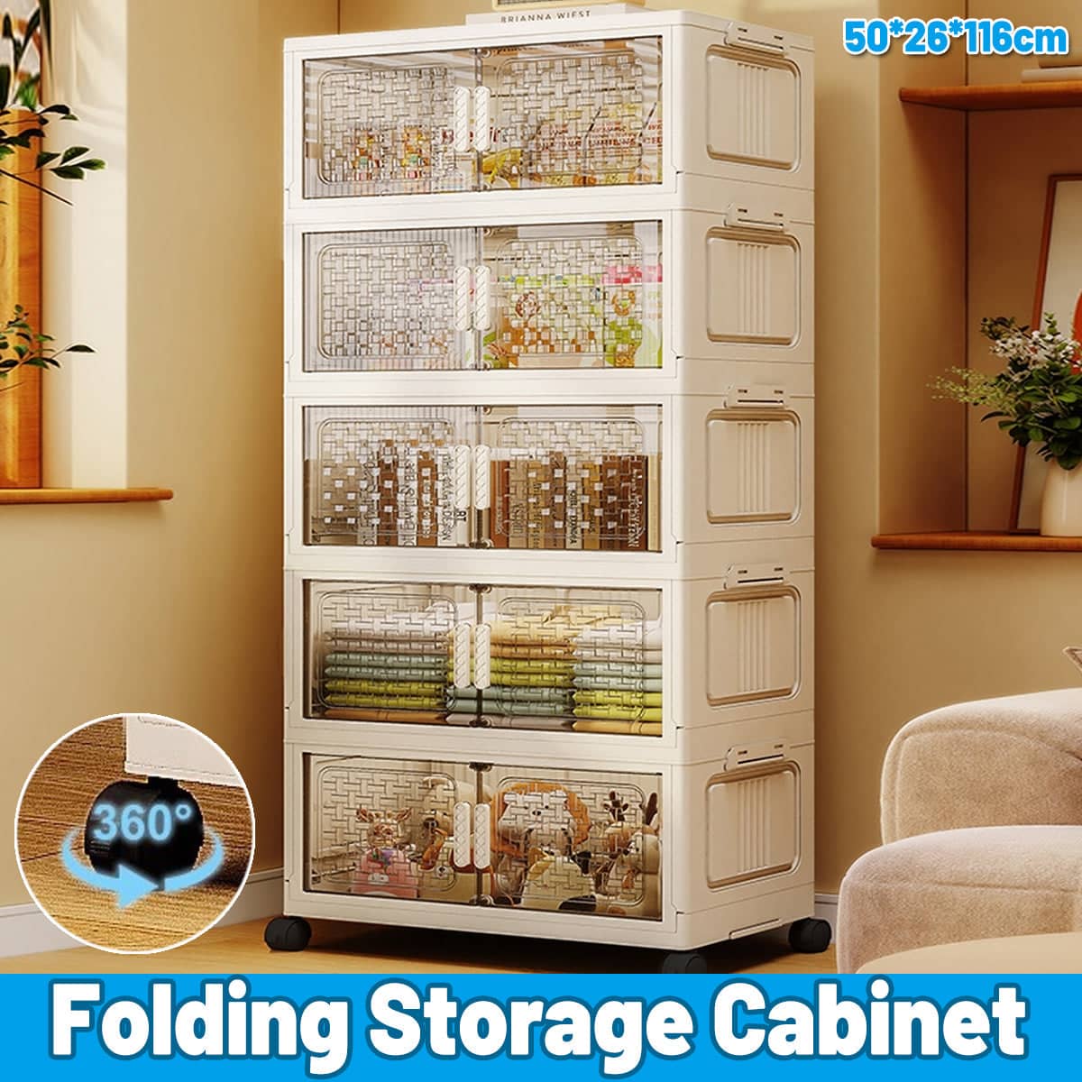 Foldable 5-Tier Plastic Storage Cabinet with Wheels