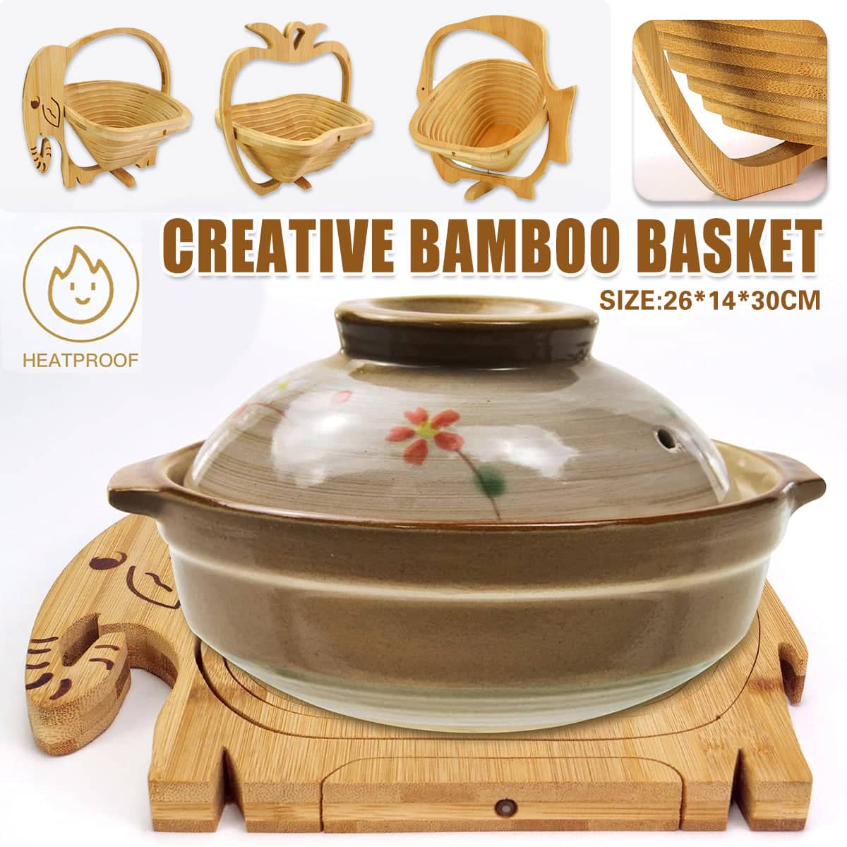 Foldable Bamboo Decorative Basket, 26 x 14 x 30 cm - Pineapple Shape - view 2