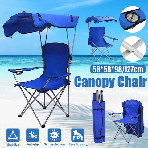 Foldable Camping Chair with Canopy and Cup Holder - Blue