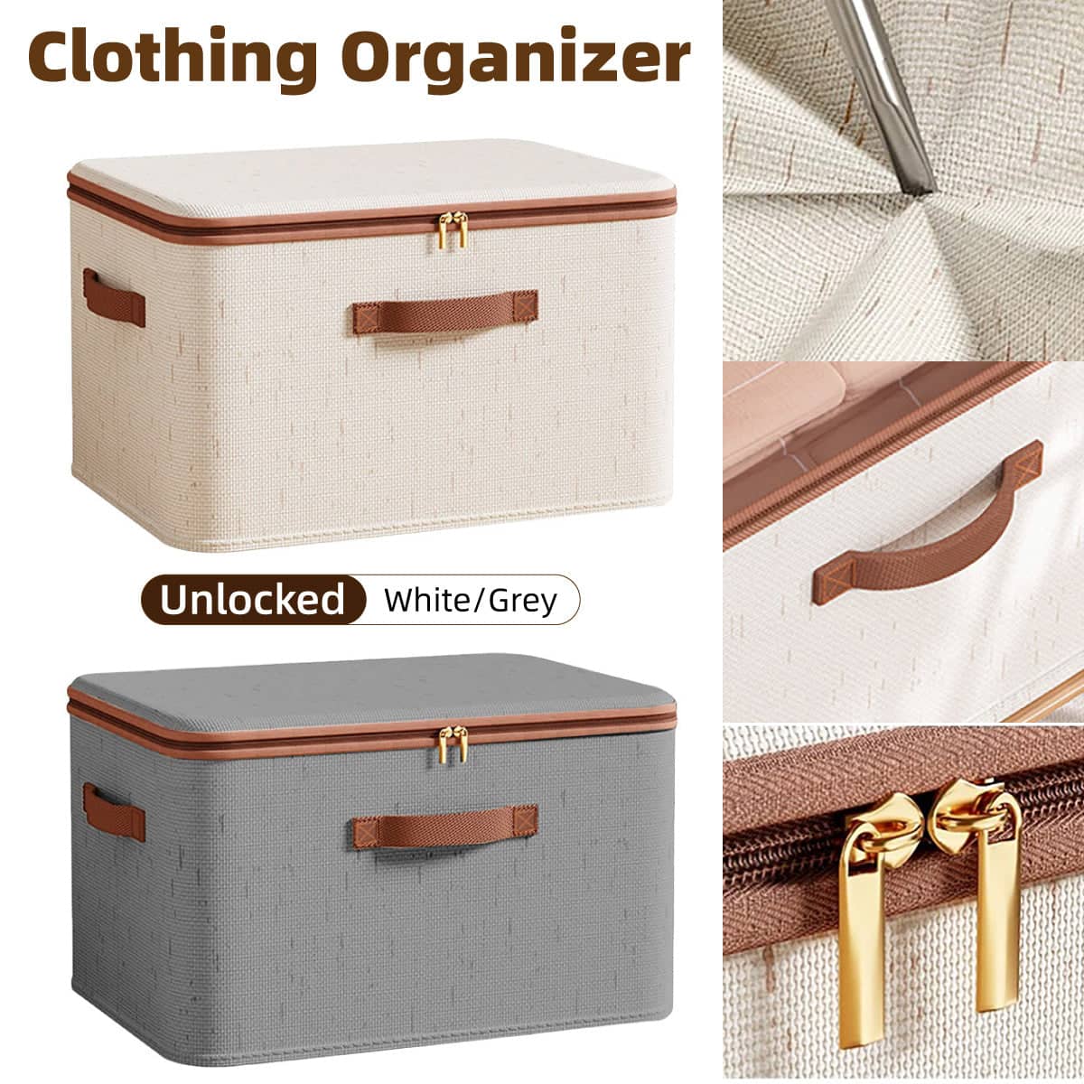 Foldable Clothing Storage Box with Lid and Zip, 40 x 30 x 21 cm - Beige - view 2