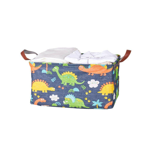 Foldable Cotton Linen Storage Baskets, Set of 2 - Dinosaur Print, Navy Blue