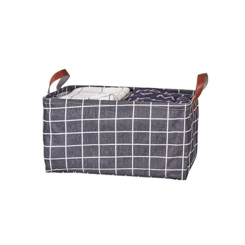 Foldable Cotton Linen Storage Baskets, Set of 2 - Grey Grid Check, Grey and White
