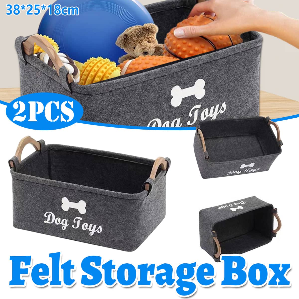 Foldable Felt Storage Baskets with Wooden Handles Set of 2 for Home Office