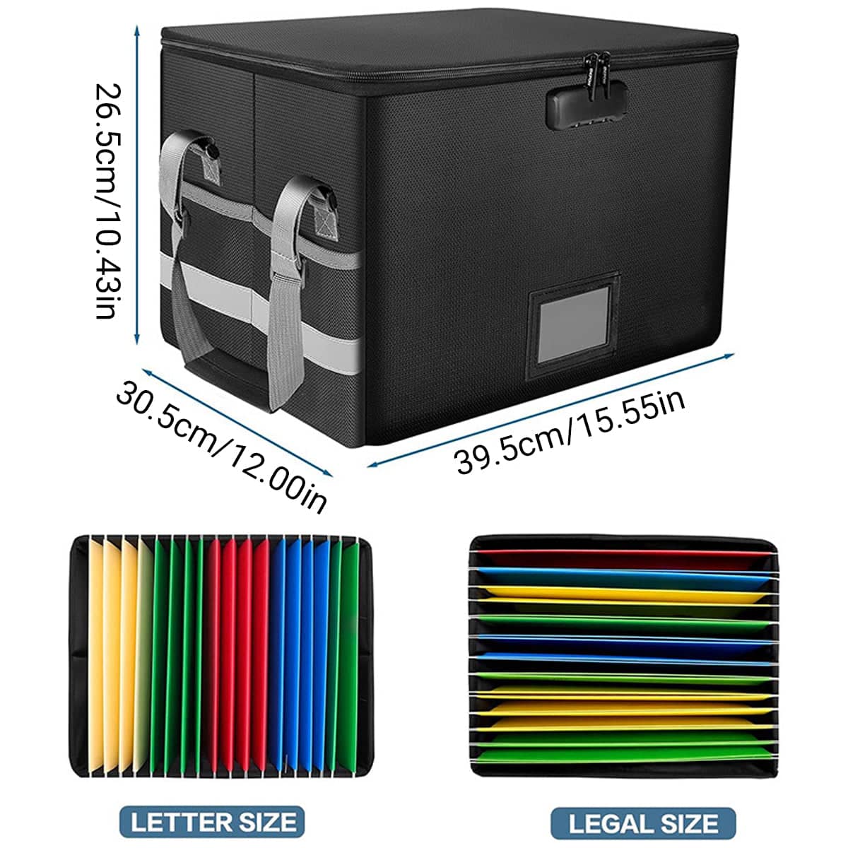 Foldable Fireproof Lockable File Box for Documents, Black, 39.5 x 30.5 x 26.5 cm - view 3