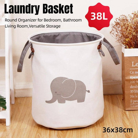Foldable Laundry Basket - Cream, 38 Litre, 36 x 38 cm, Elephant Print