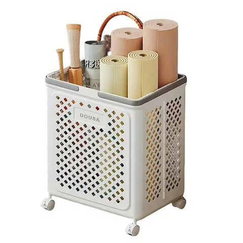 Foldable Laundry Basket with Wheels - White, Large (36 x 28 x 49 cm)