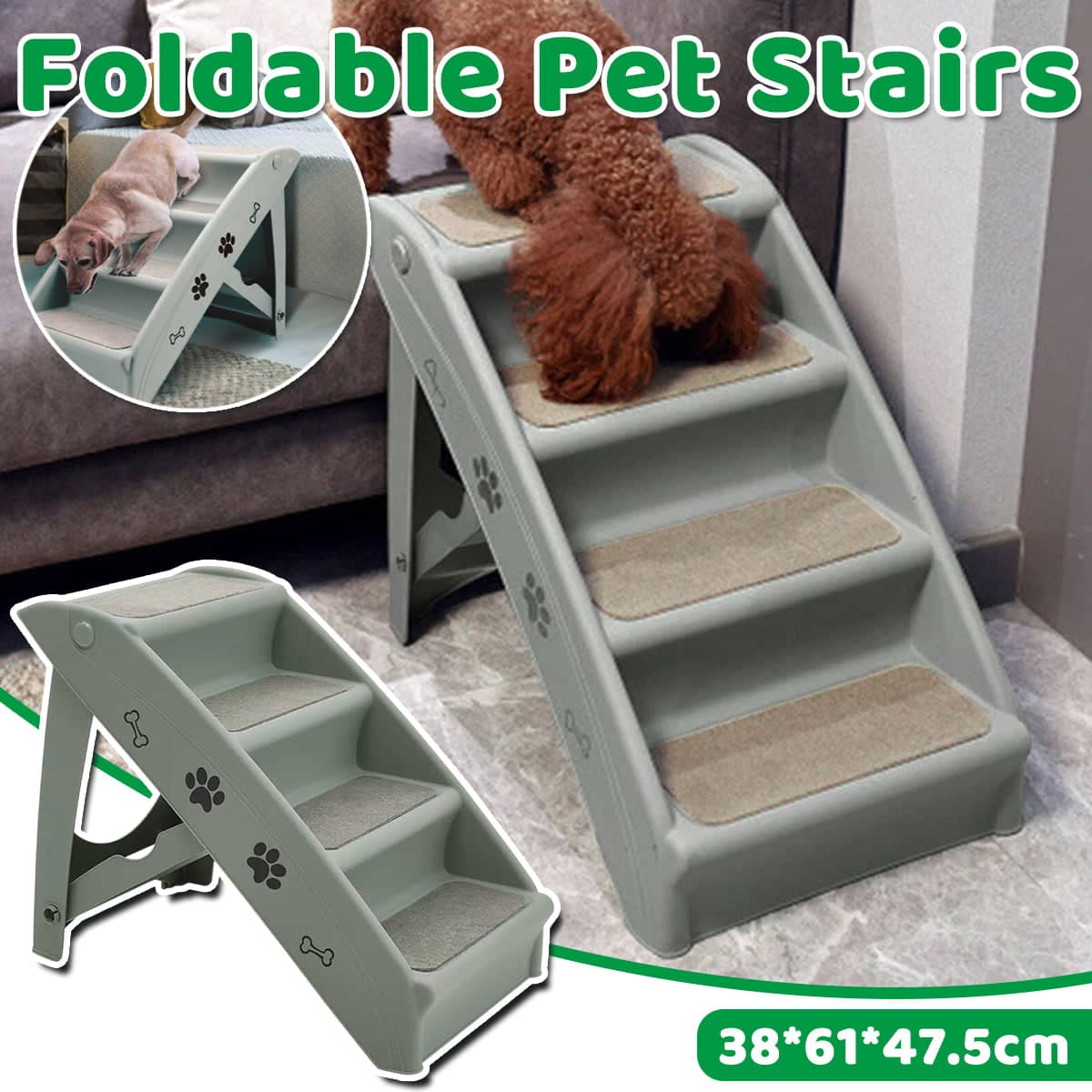 Foldable Pet Stairs with Four Non-Slip Steps, Light Grey