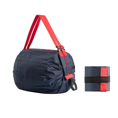 Foldable Reusable Shopping Bag, Waterproof Nylon Shoulder Tote - Navy Blue