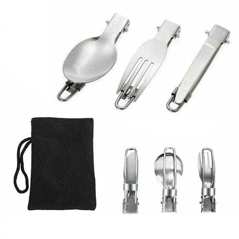 Foldable Stainless Steel Camping Cutlery Set, 3 Piece Knife, Spoon and Fork, Silver - view 2