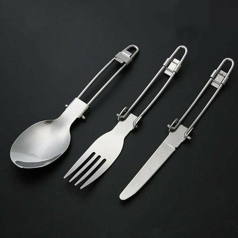 Foldable Stainless Steel Camping Cutlery Set, 3 Piece Knife, Spoon and Fork, Silver - view 3