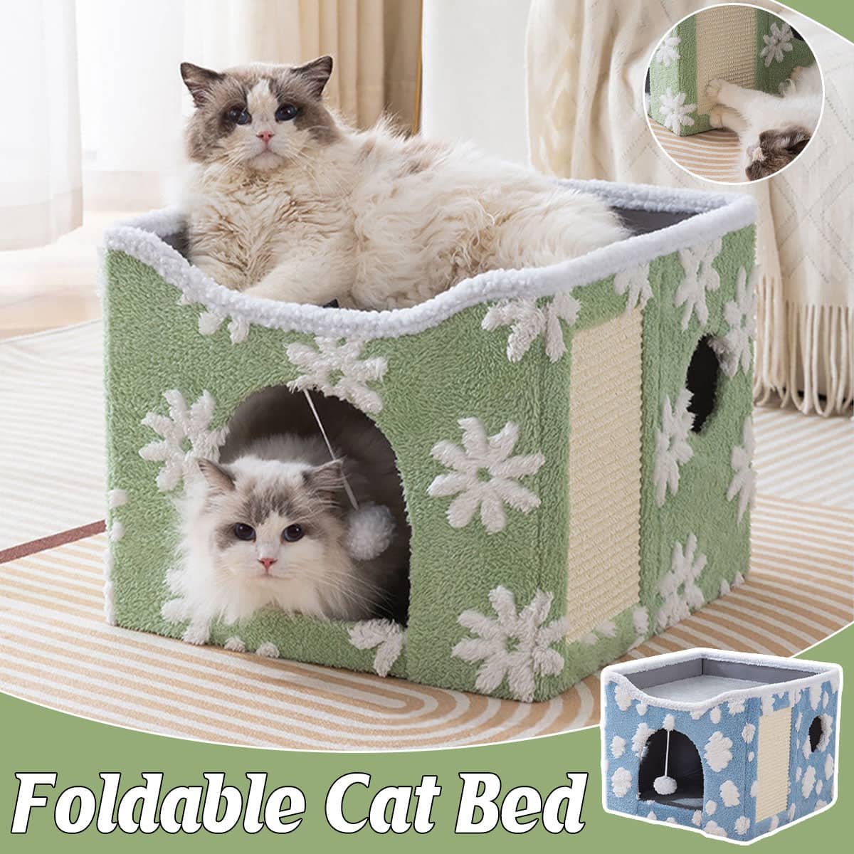 Foldable Two-Tier Cat Bed with Scratcher - Green Flower Print - view 2