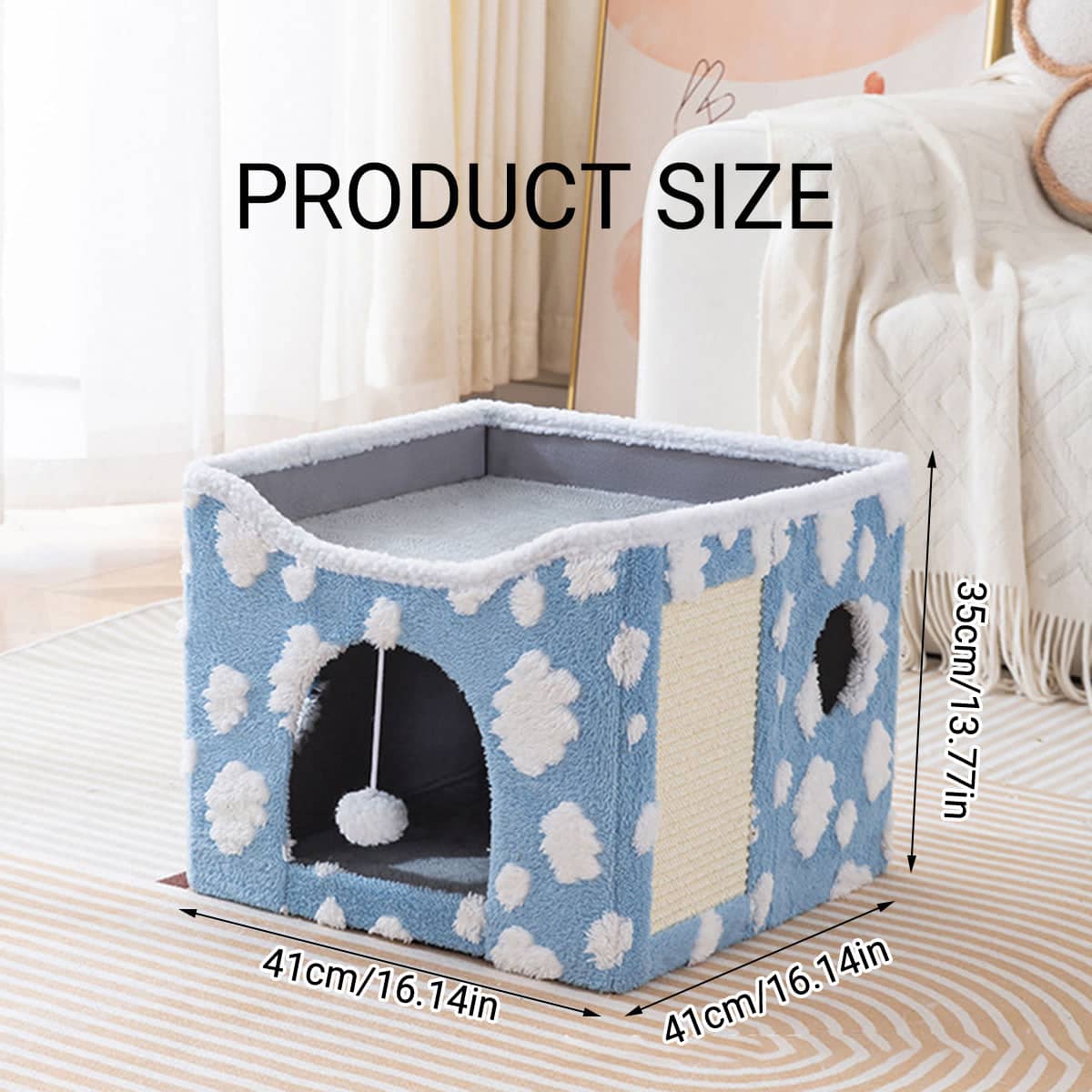 Foldable Two-Tier Cat Bed with Scratcher - Green Flower Print - view 4