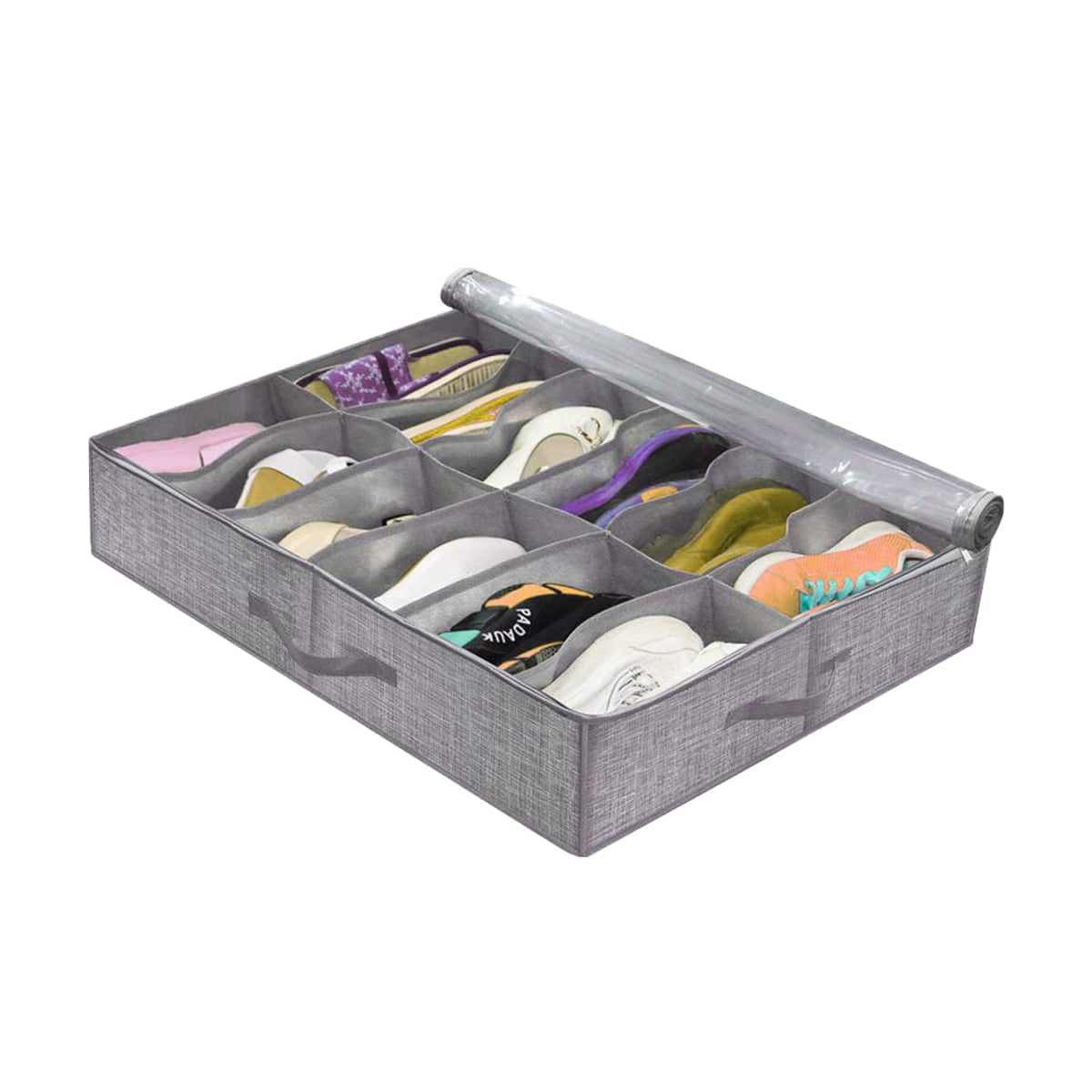 Foldable Under Bed Shoe Box Storage Organiser Dustproof Stackable Transparent Lid - Grey