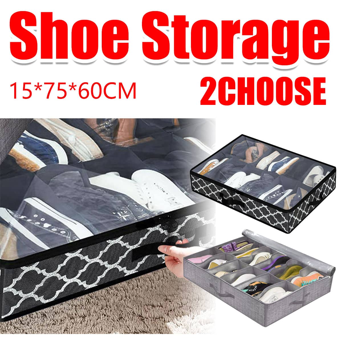 Foldable Under Bed Shoe Box Storage Organiser Dustproof Stackable Transparent Lid - Grey - view 2