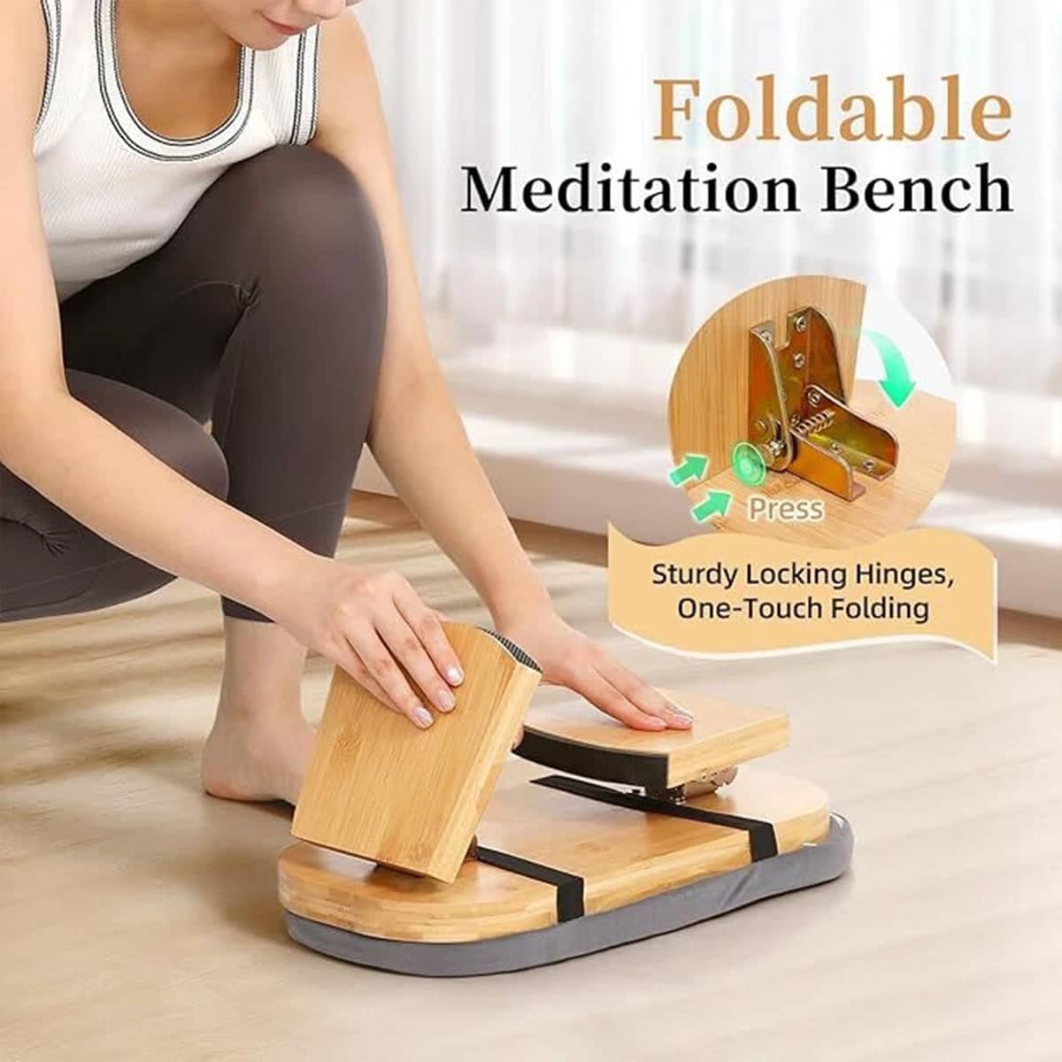Folding Bamboo Meditation Bench with Velvet Cushion