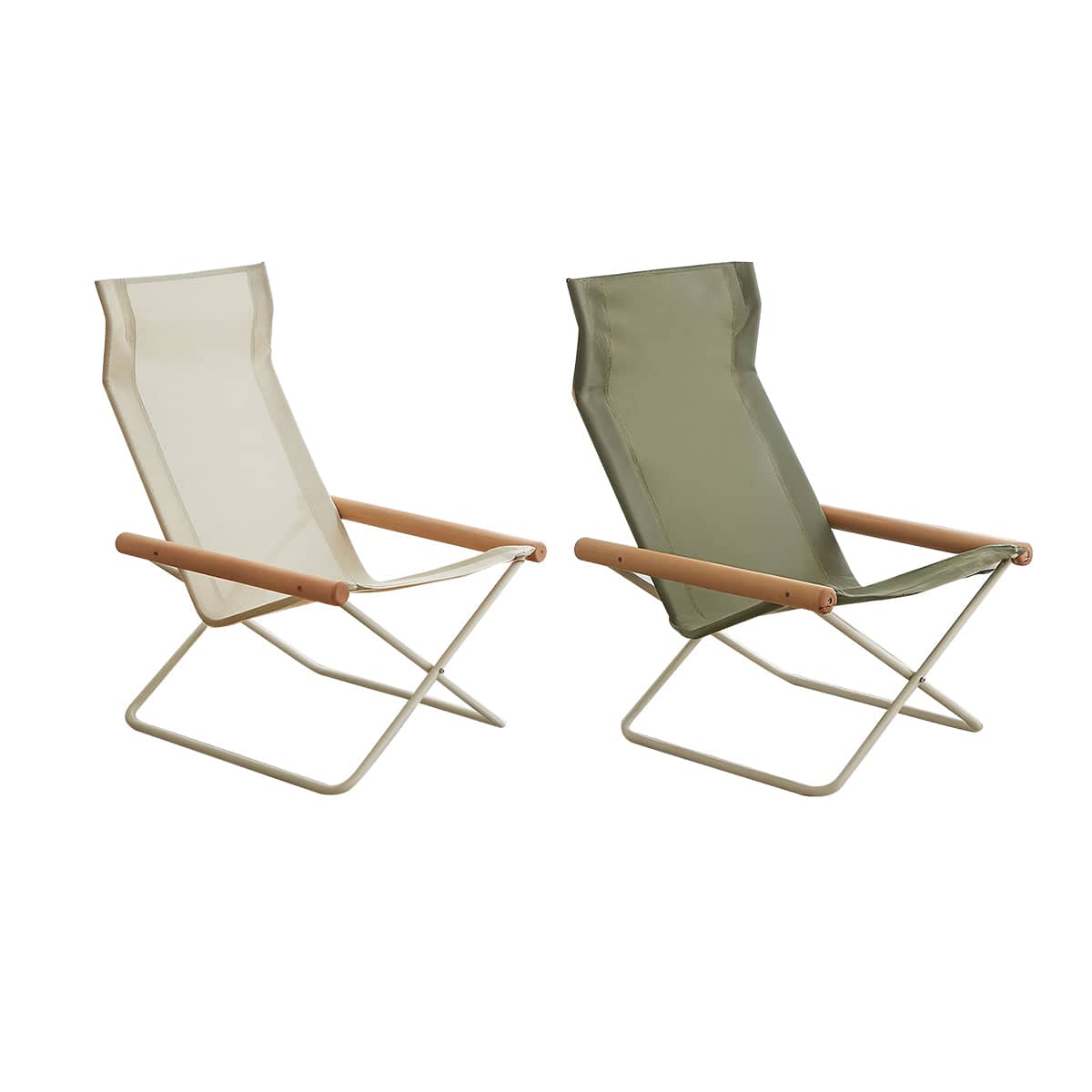 Folding Camping Chair with Solid Wood Armrests, Carbon Steel Frame - Cream - view 3