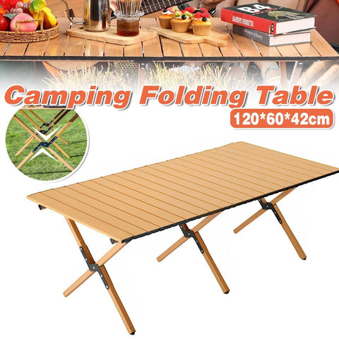 Folding Camping Table with Wood Grain Finish, 120 x 60 x 42 cm