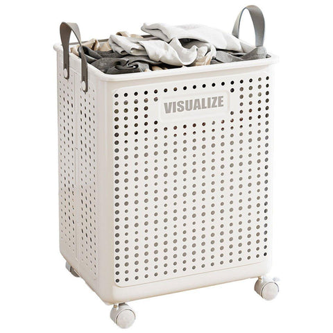 Folding Laundry Basket with Wheels - Large (37.7 x 31 x 50 cm), White