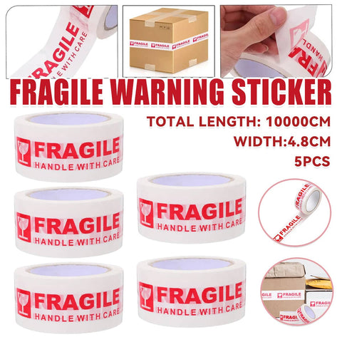 Fragile Handle with Care Warning Tape, 5 Rolls, 4.8 cm x 100 m, White and Red