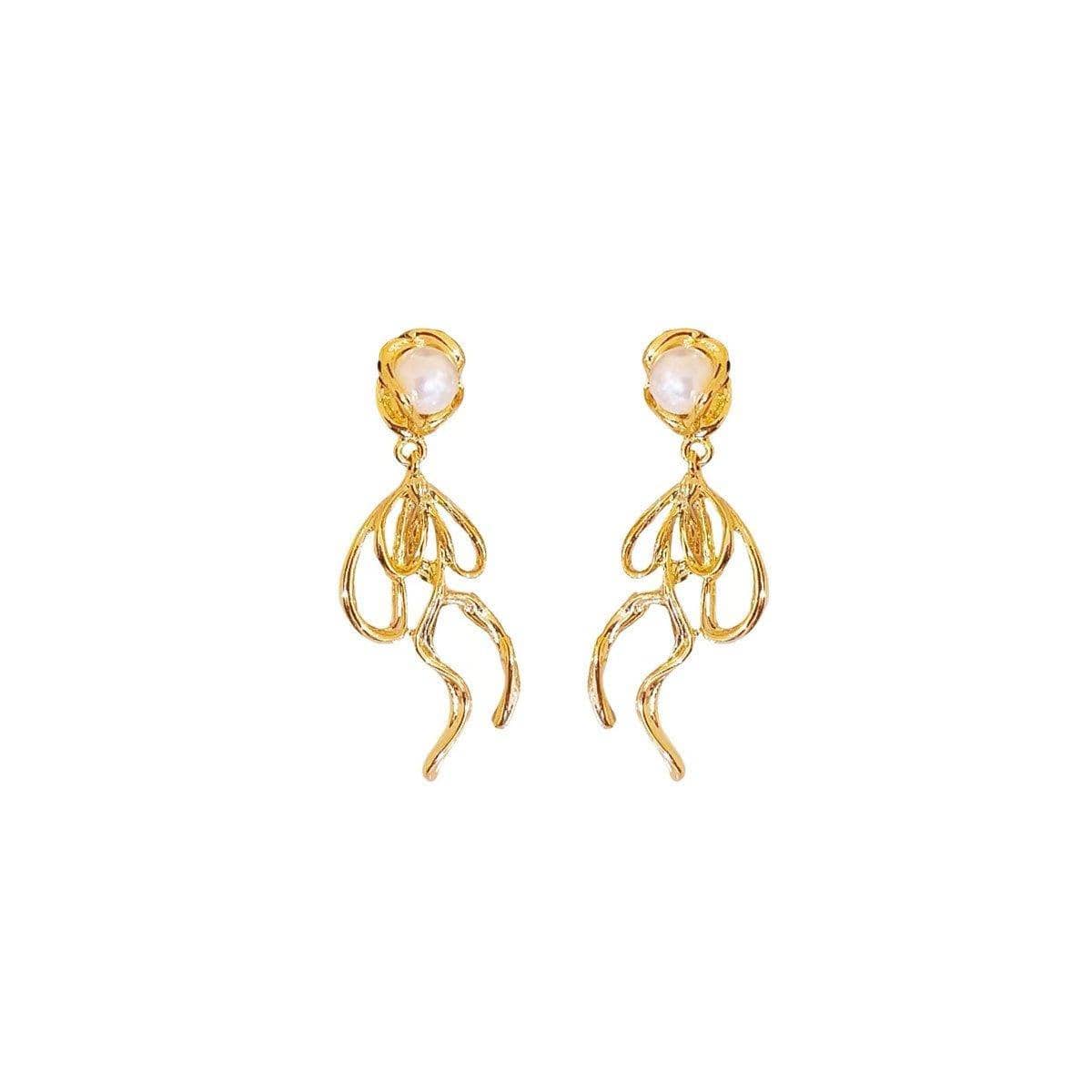 French Retro Gold Tone Long Drop Earrings with Pearl Accent and Swirl Design - view 2