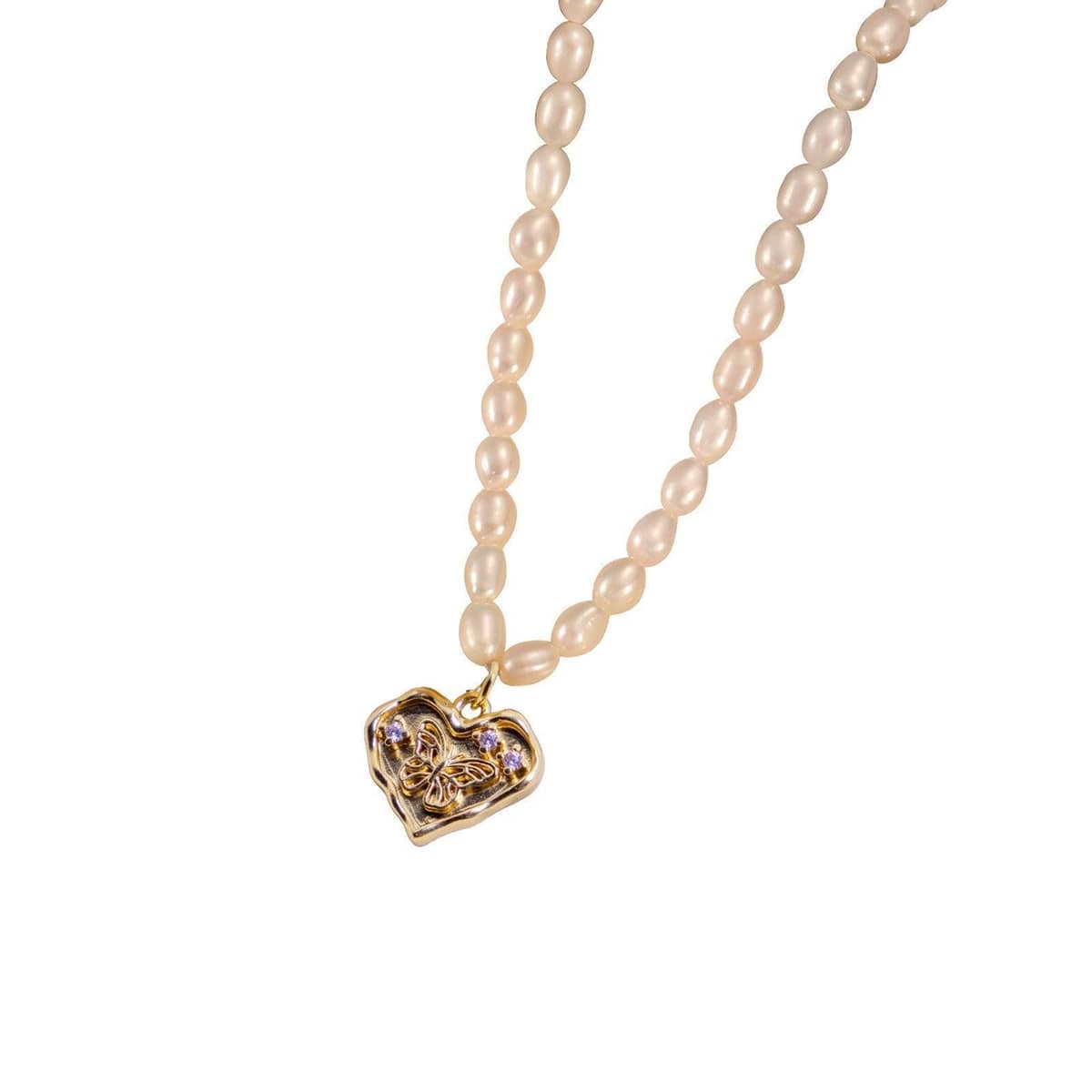 Freshwater Pearl Necklace, 39 cm with 5 cm Extender - Heart with Butterfly